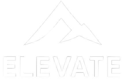 White 'ELEVATE' logo with a stylized triangle on a white background